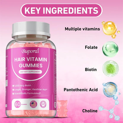 BUPORAI | Hair Vitamin Gummies | Care for Skin, Nails & Hair – Anti-Aging & Glowing Skin Support | 60 Gummies