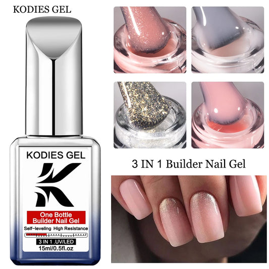 KODIES GEL 3 IN 1 Builder Nail Gel Polish No Pain Nude Self Leveling Thick Construction Hard Gel for Extension Manicure Nail Art