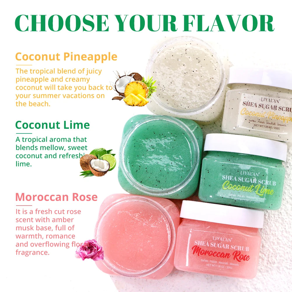 Shea Sugar Body Scrub Exfoliating Polish Soften Nourish Smooth Skin Moroccan Rose Coconut Lime Pineapple Bath Clean Moisturizing