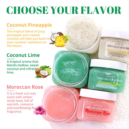 Shea Sugar Body Scrub Exfoliating Polish Soften Nourish Smooth Skin Moroccan Rose Coconut Lime Pineapple Bath Clean Moisturizing