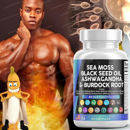 Sea Moss, Black Seed & Ashwagandha Capsules | Men's Health, Endurance & Immunity Support