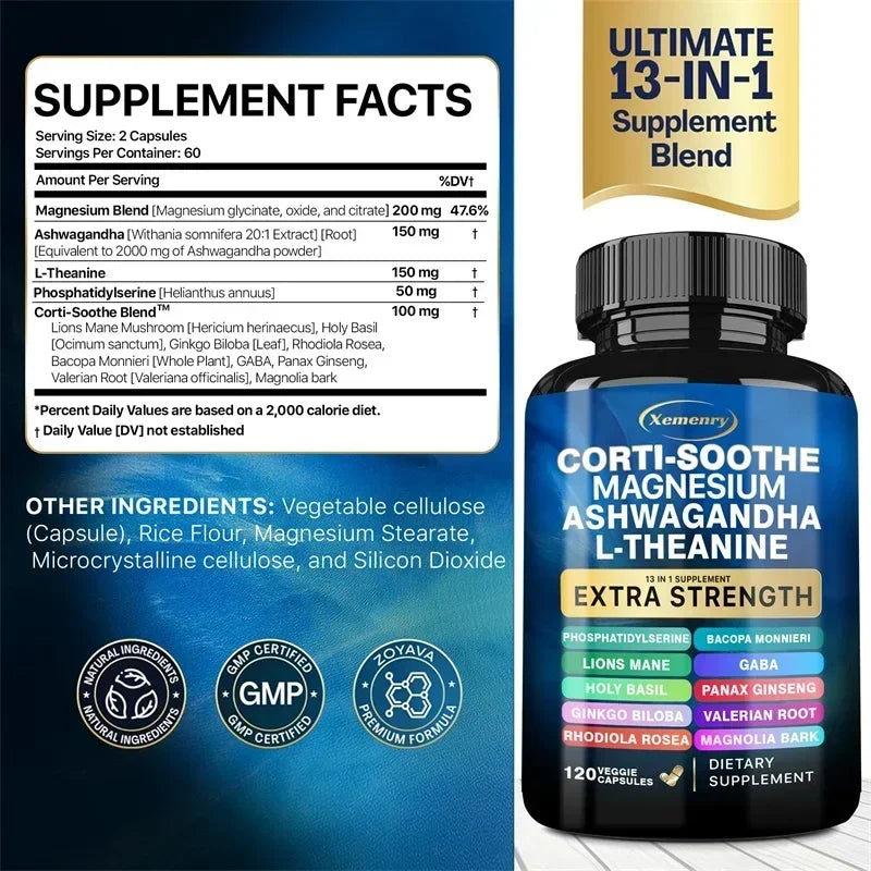 Xemenry | Corti-Soothe Magnesium Ashwagandha L-Theanine Capsules | Cortisol Balance, Adrenal & Sleep Support