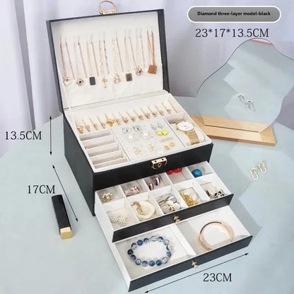 Diamond shaped three-layer lockable drawer jewelry box, household jewelry storage box, portable large capacity jewelry packaging