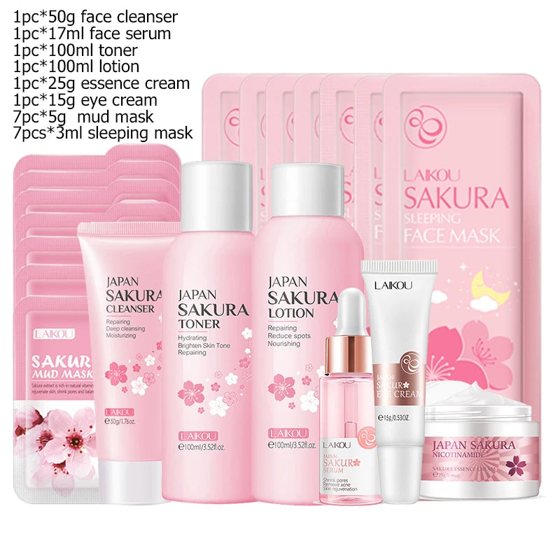Green Tea & Sakura Skincare Kit | Korean Cosmetics for Women | Moisturizing, Acne Care & Exfoliating Face Set