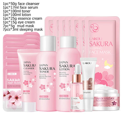 Green Tea & Sakura Skincare Kit | Korean Cosmetics for Women | Moisturizing, Acne Care & Exfoliating Face Set