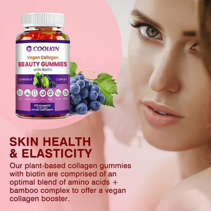 Coolkin | Beauty Gummies with Vegan Collagen & Biotin | Skin, Nail & Hair Health, Anti-Aging, Detox Support | 30 Gummies (15-Day Supply)