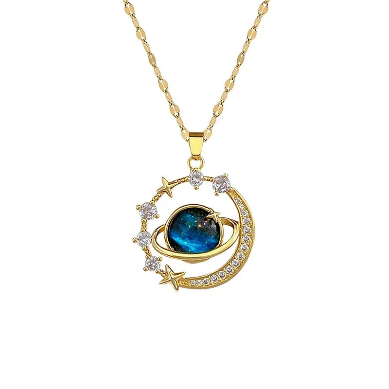 Exquisite Starry Sky Planet Light Luxury Temperament Necklace Star Moon Versatile Clavicle Chain Womens Christmas Jewelry Gift