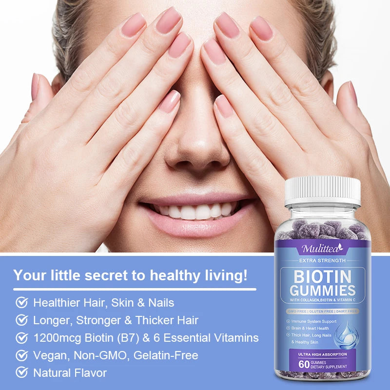 Mulittea | Extra Strength Biotin Gummies with Collagen & Vitamin C | Hair, Nails, Skin & Immune Support | 60 Gummies
