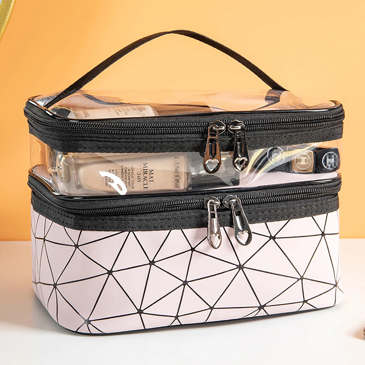 Doublelayer Makeup Bag,Waterproof PVC Travel Pouch Portable Washbag