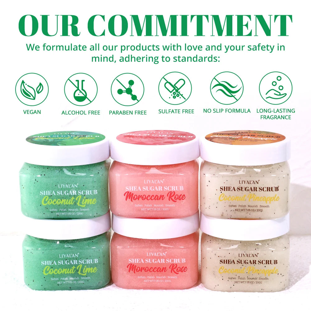 Shea Sugar Body Scrub Exfoliating Polish Soften Nourish Smooth Skin Moroccan Rose Coconut Lime Pineapple Bath Clean Moisturizing