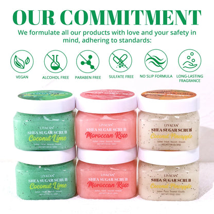 Shea Sugar Body Scrub Exfoliating Polish Soften Nourish Smooth Skin Moroccan Rose Coconut Lime Pineapple Bath Clean Moisturizing