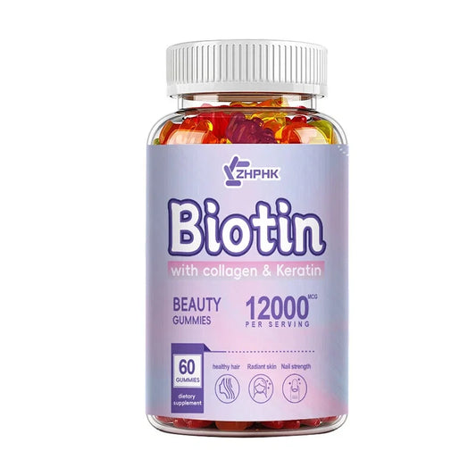 ZHPHK | Biotin with Collagen & Keratin Beauty Gummies | 12,000 mcg for Stronger Hair, Radiant Skin & Nail Strength | 60/120/240 Gummies