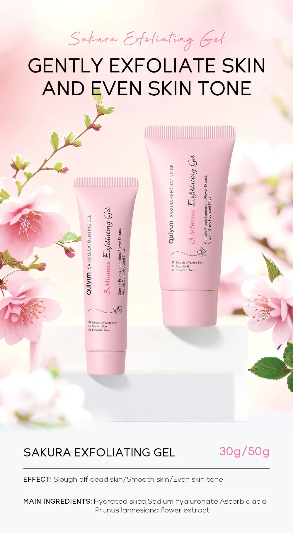 Quiyum Sakura Exfoliating Gel | Facial Scrub with Vitamin C & Prunus Lannesiana Extract | Moisturizing, Smoothing & Even Skin Tone | 50g