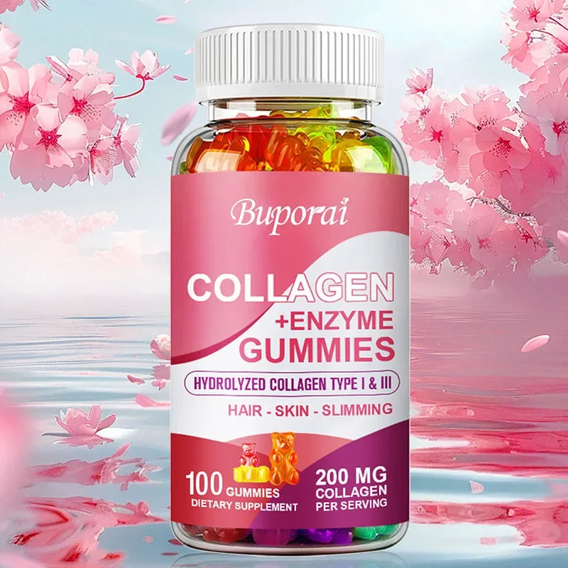 Buporai | Collagen + Enzyme Gummies with Biotin | Hair Growth, Skin Care, Nails, Bone & Joint Support | 100 Gummies