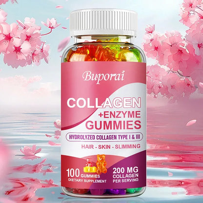Buporai | Collagen + Enzyme Gummies with Biotin | Hair Growth, Skin Care, Nails, Bone & Joint Support | 100 Gummies