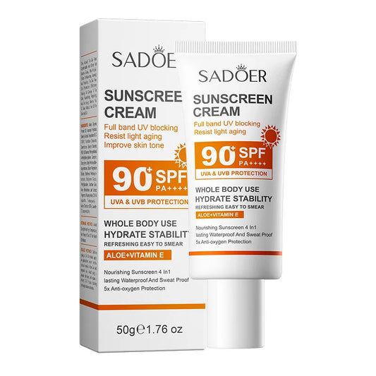 SADOER Sunscreen SPF 90+ PA+++ – 50g Whitening, Waterproof & Long-Lasting Moisturizing Sunblock