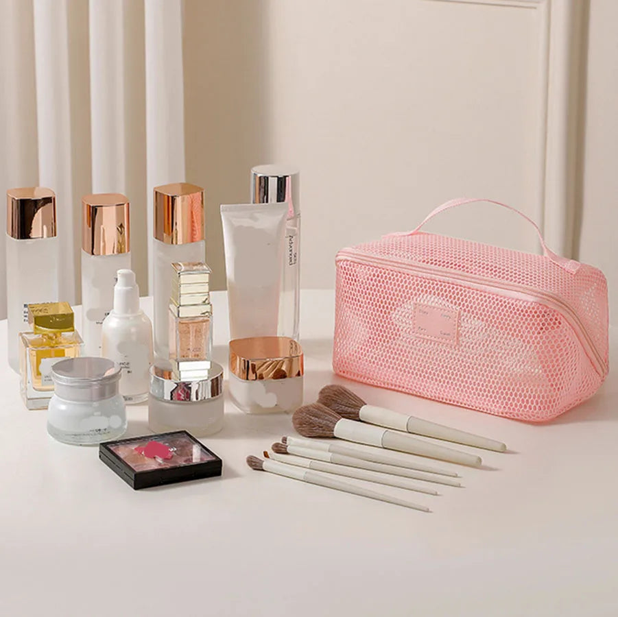 Large Capacity Mesh Handheld Makeup Bag Zipper Multi-layer Transparent Mesh Cosmetic Bag Organizer Case Square
