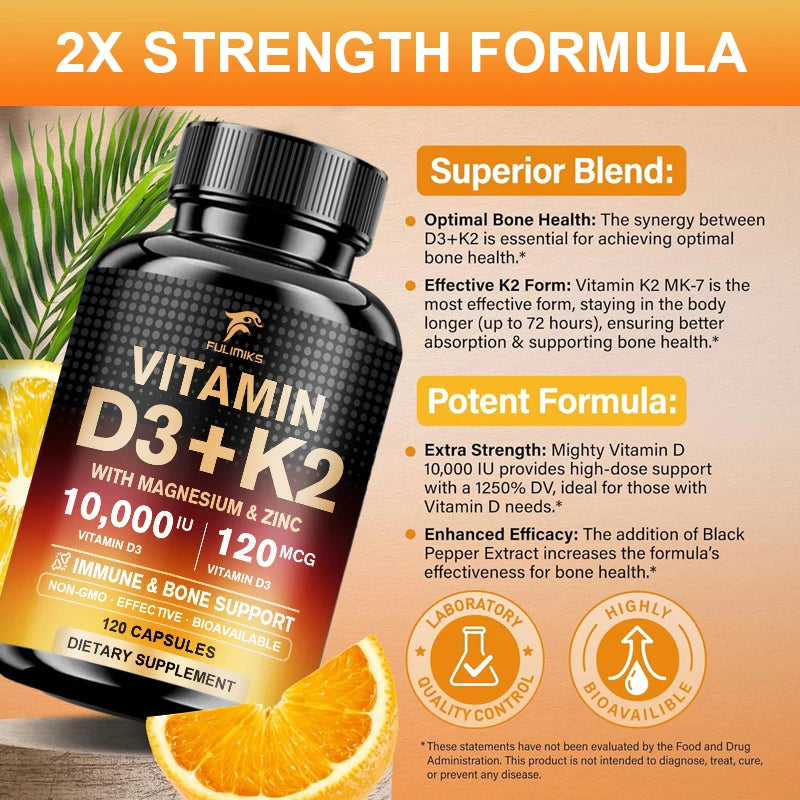 Fulimiks | Vitamin D3K2 with Magnesium & Zinc Capsules | Immune, Mood & Bone Health Support