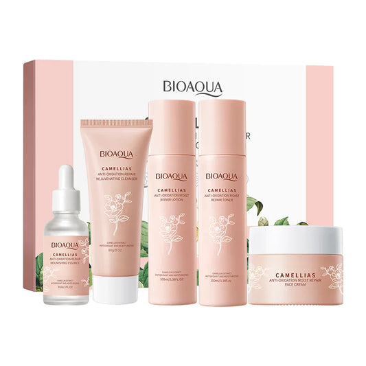 BIOAQUA Camellias Anti‑Oxidation Moist Repair Five‑Piece Set – Hydrating, Firming & Anti‑Wrinkle Facial Skin Care Kit