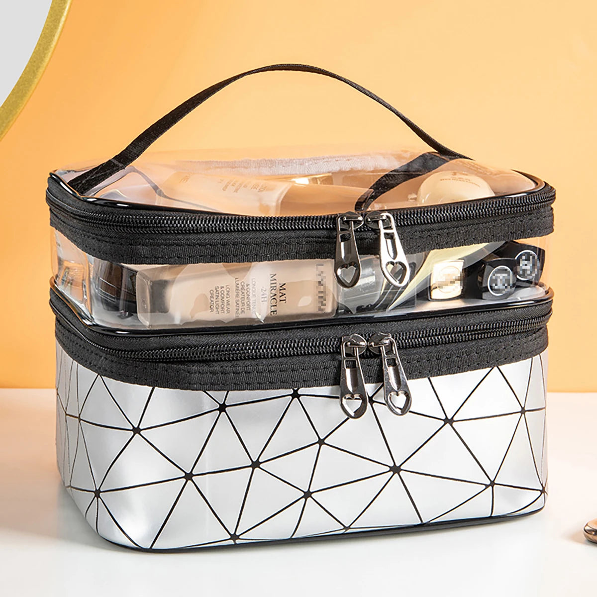 Doublelayer Makeup Bag,Waterproof PVC Travel Pouch Portable Washbag