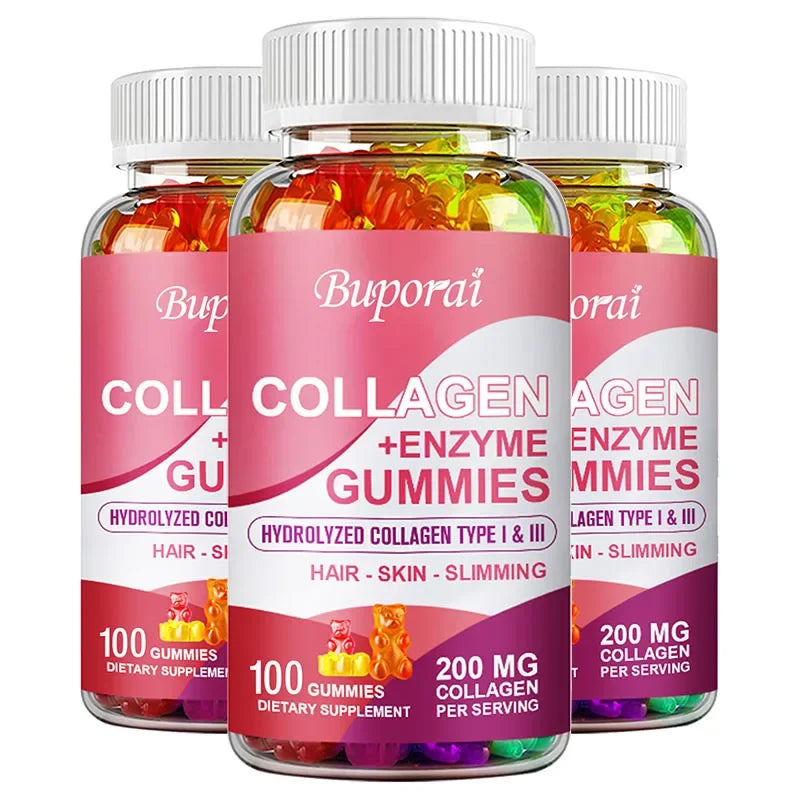 Buporai | Collagen + Enzyme Gummies with Biotin | Hair Growth, Skin Care, Nails, Bone & Joint Support | 100 Gummies