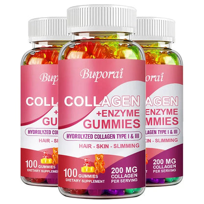 Buporai | Collagen + Enzyme Gummies with Biotin | Hair Growth, Skin Care, Nails, Bone & Joint Support | 100 Gummies