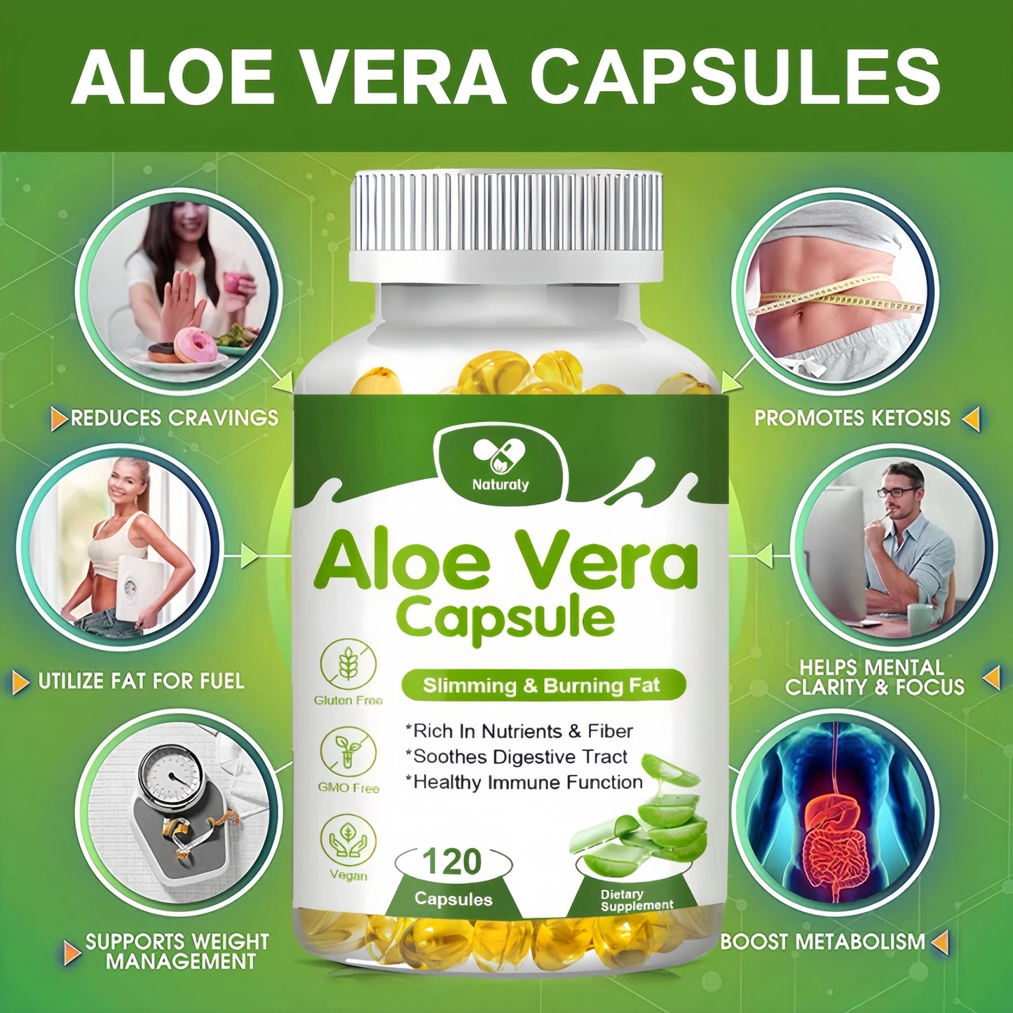 Naturaly | Aloe Vera Capsules | Slimming, Detox, Digestive & Immune Support | 120 Capsules
