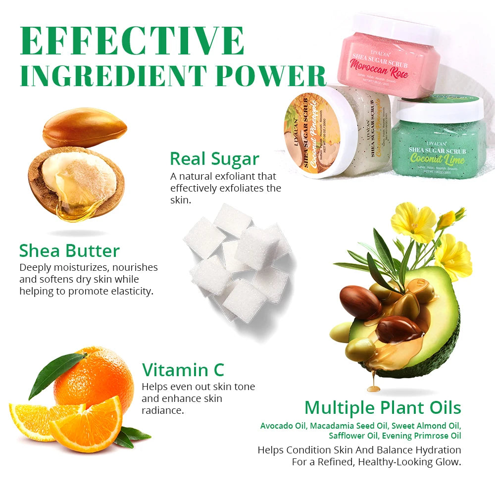 Shea Sugar Body Scrub Exfoliating Polish Soften Nourish Smooth Skin Moroccan Rose Coconut Lime Pineapple Bath Clean Moisturizing