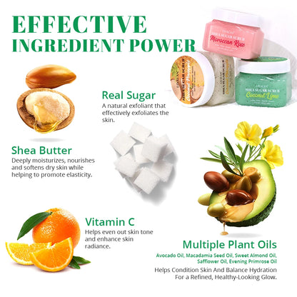 Shea Sugar Body Scrub Exfoliating Polish Soften Nourish Smooth Skin Moroccan Rose Coconut Lime Pineapple Bath Clean Moisturizing