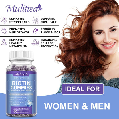 Mulittea | Extra Strength Biotin Gummies with Collagen & Vitamin C | Hair, Nails, Skin & Immune Support | 60 Gummies