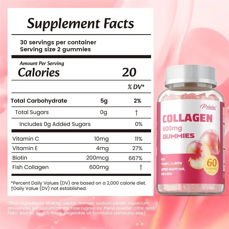Pstalac | Collagen Gummies 600mg | Anti-Aging, Hair, Skin, Nails & Immune Support | 60 Gummies