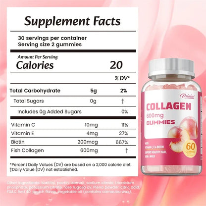 Pstalac | Collagen Gummies 600mg | Anti-Aging, Hair, Skin, Nails & Immune Support | 60 Gummies