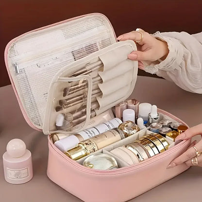 Large Capacity Waterproof PU Cosmetic Bag with Divider, Portable Travel Cosmetic Toiletry Storage Bag, Cosmetic Travel Bag  ...