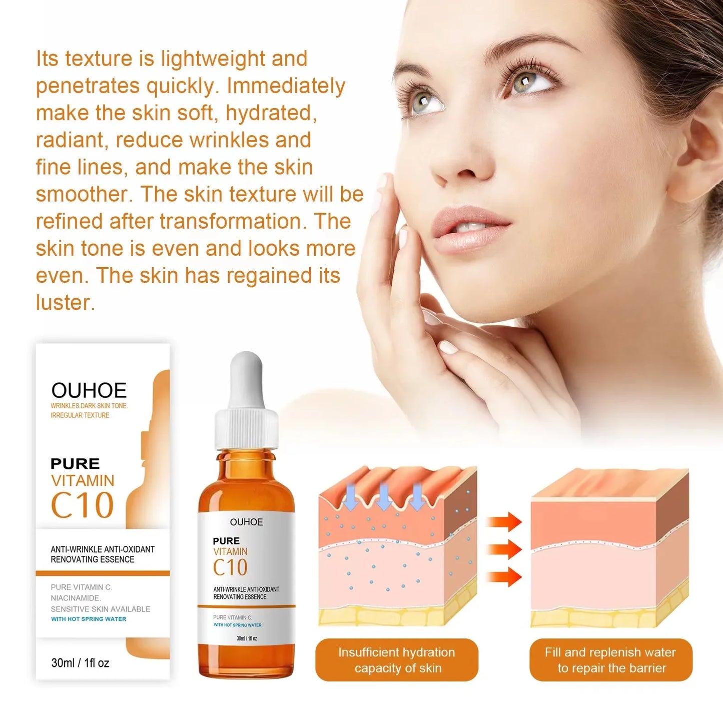 OUHOE Pure Vitamin C10 Essence | Anti-Wrinkle, Antioxidant & Skin Renewal | With Hot Spring Water | 30ml