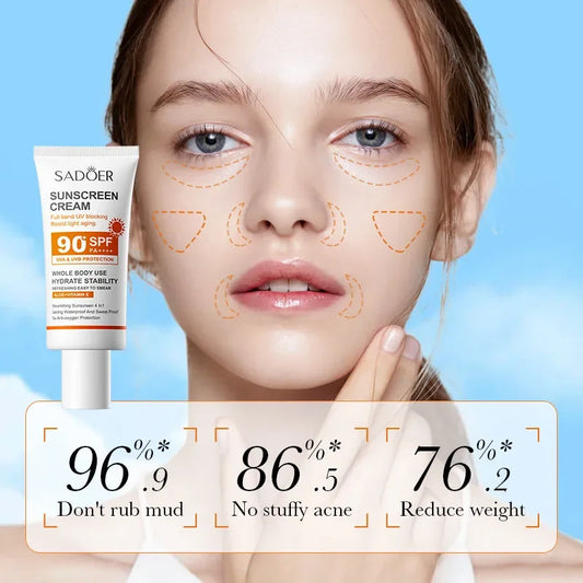 SADOER Sunscreen SPF 90+ PA+++ | Whitening, Waterproof & Sweatproof | Long-Lasting Moisturizing Sunblock | 50g
