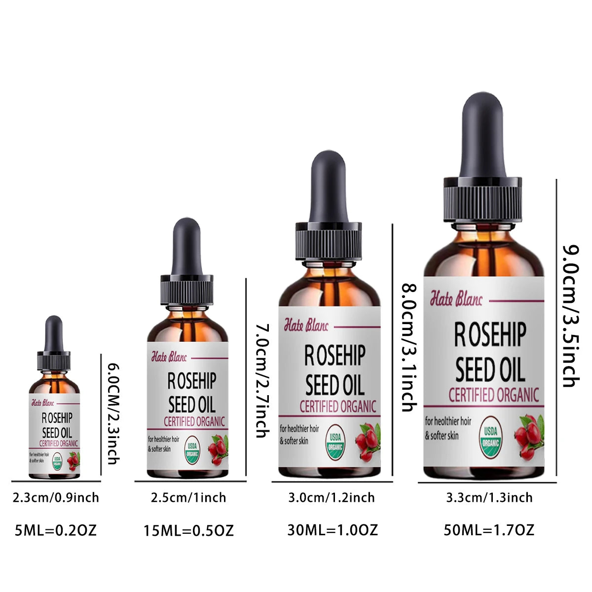 Hate Blanc Organic Rosehip Seed Oil | USDA Certified | Moisturizing, Brightening & Anti-Aging Face Essence | 5ml / 15ml / 30ml / 50ml