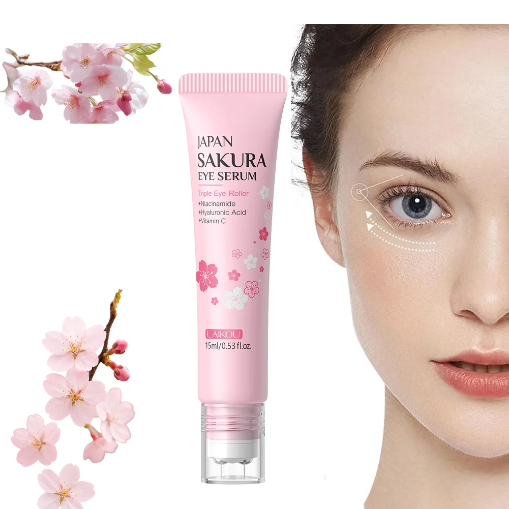 LAIKOU Sakura Eye Serum Roller – 15ml Hyaluronic Acid, Moisturizing, Dark Circle & Eye Bag Reduction