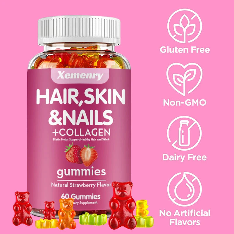 Xemenry | Hair, Skin & Nail Gummies with Biotin & Collagen | Supports Healthy Hair & Skin, Gluten-Free | 60 Gummies