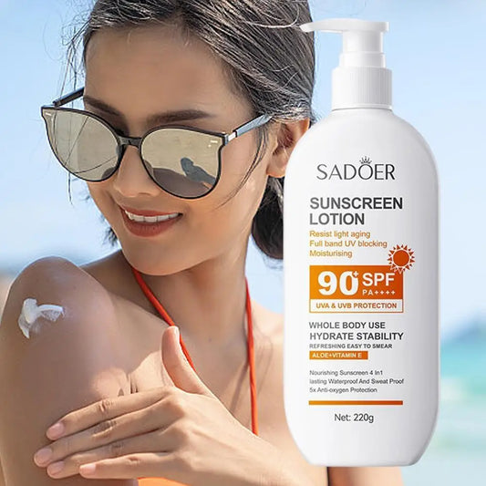 SADOER Sunscreen Lotion SPF 90 PA++++ – 220g Full-Band UV Protection with Aloe & Vitamin E | Moisturizing, Brightening & Waterproof