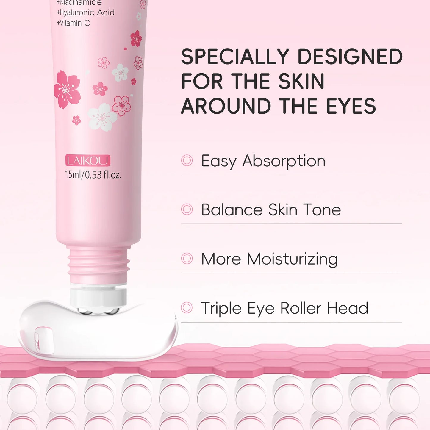 LAIKOU | Sakura Eye Serum Roller | Hyaluronic Acid, Moisturizing, Dark Circle & Eye Bag Reduction | 15ml