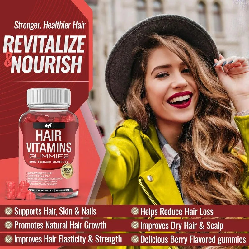 Hair Vitamin Gummies Supplement - Biotin, Folic Acid, Vitamin C and E | Supports Hair, Skin & Nails | Non-GMO | 60 Gummies
