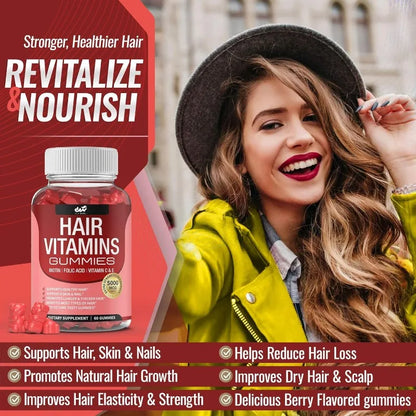 Hair Vitamin Gummies Supplement - Biotin, Folic Acid, Vitamin C and E | Supports Hair, Skin & Nails | Non-GMO | 60 Gummies