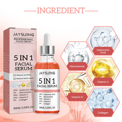 JAY SUING 5-in-1 Professional Facial Serum | Hyaluronic Acid, Vitamin C, Niacinamide, Collagen & Vitamin E | Anti-Wrinkle, Spot-Fading & Pore-Minimizing | 30ml