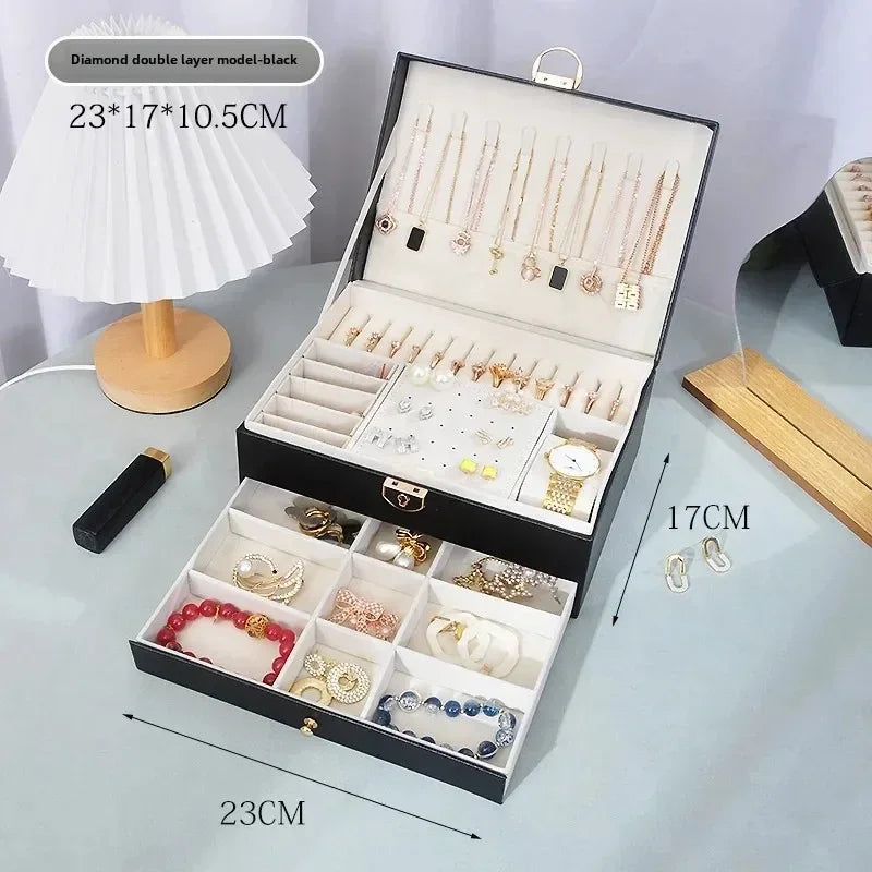 Diamond shaped three-layer lockable drawer jewelry box, household jewelry storage box, portable large capacity jewelry packaging