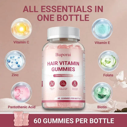 Buporai | Hair Growth Gummies | Strengthens Hair, Skin & Nails, Improves Elasticity | 60 Gummies