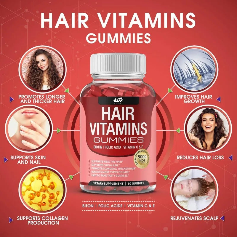 Hair Vitamin Gummies Supplement - Biotin, Folic Acid, Vitamin C and E | Supports Hair, Skin & Nails | Non-GMO | 60 Gummies