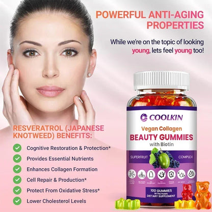 Coolkin | Beauty Gummies with Vegan Collagen & Biotin | Skin, Nail & Hair Health, Anti-Aging, Detox Support | 30 Gummies (15-Day Supply)