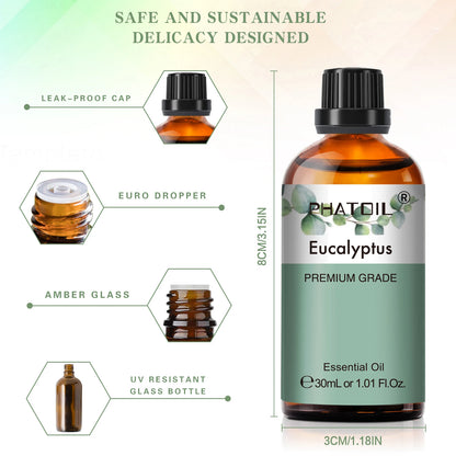 PHATOIL 1PCS Aromatherapy Essential Oil 30ml Lemon Eucalyptus Spearmint Australian Tea Tree Juniper Rose Aroma Essential Oils