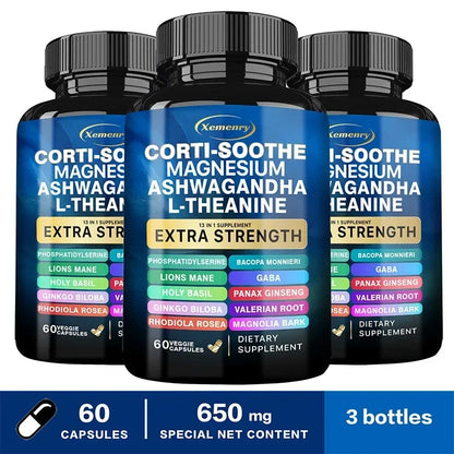 Xemenry | Corti-Soothe Magnesium Ashwagandha L-Theanine Capsules | Cortisol Balance, Adrenal & Sleep Support