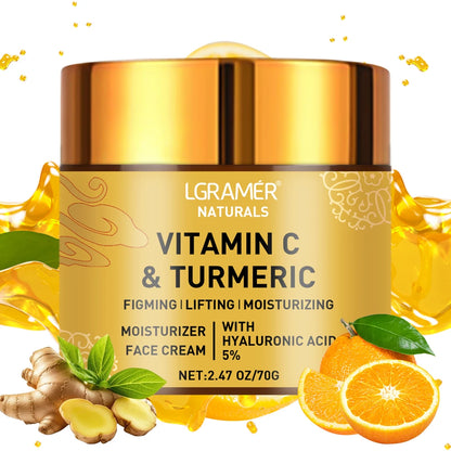 LGRAMÉR Naturals Turmeric & Vitamin C Face Cream | Retinol & 5% Hyaluronic Acid | Firming, Lifting, Moisturizing & Whitening Skincare | 70g